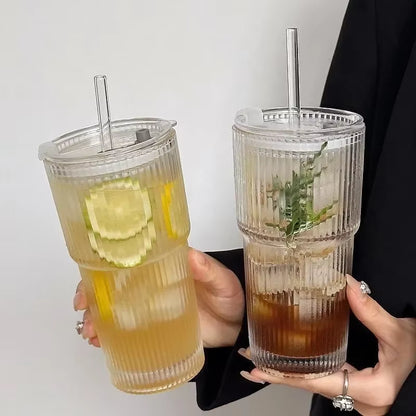 Elevate Your Beverage Experience with the 600ML Striped Glass Coffee Cup Featuring a Lid and Straw – Perfect for Iced Coffee, Juice, and Milk Tea!