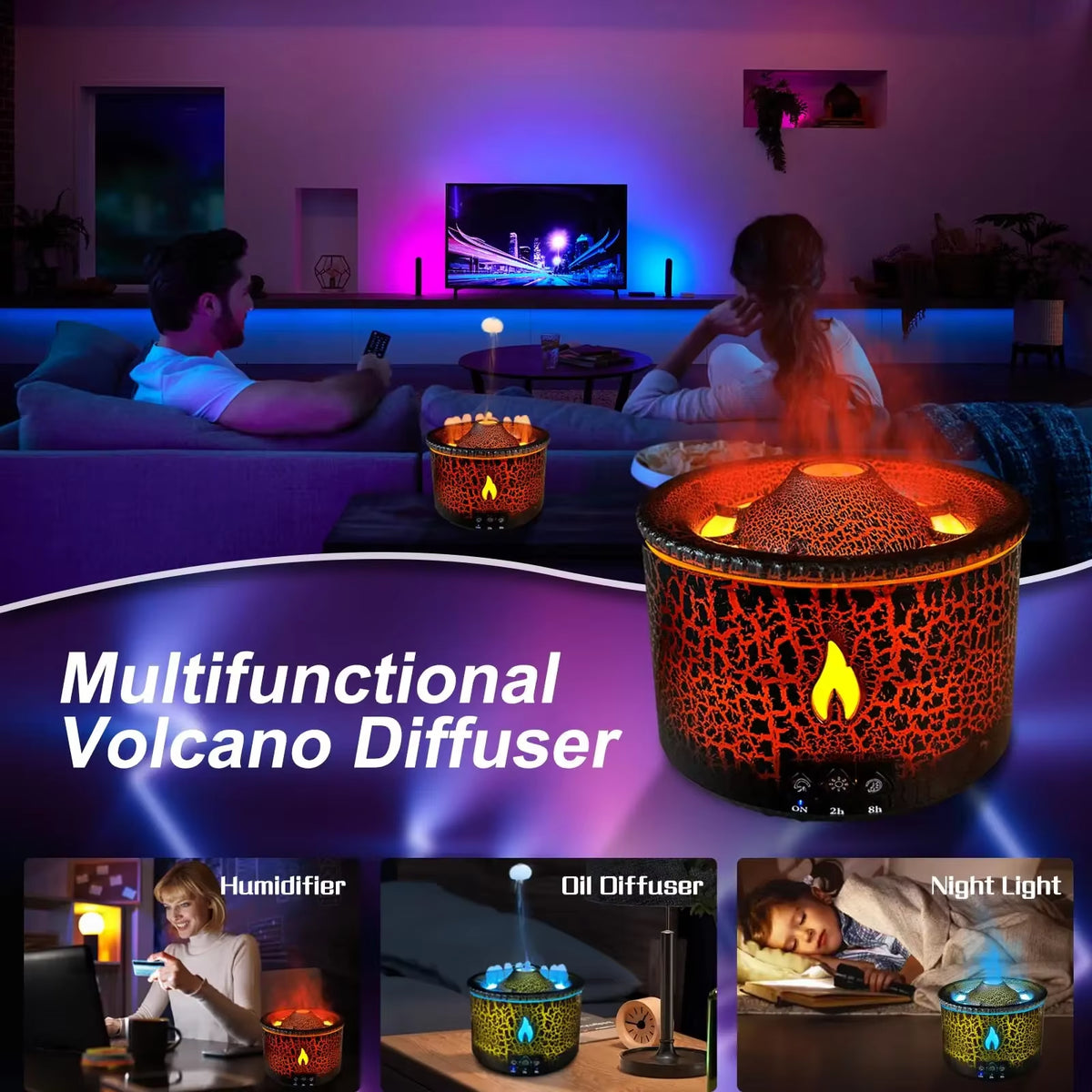 Transform Your Space with the Volcanic Flame Ultrasonic Humidifier and Aroma Diffuser - Portable Night Light & Fragrance Enhancer