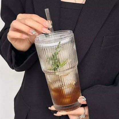 Elevate Your Beverage Experience with the 600ML Striped Glass Coffee Cup Featuring a Lid and Straw – Perfect for Iced Coffee, Juice, and Milk Tea!