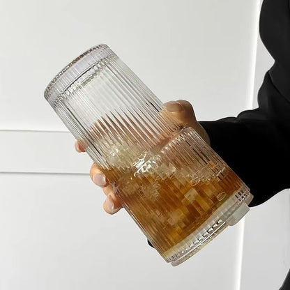 Elevate Your Beverage Experience with the 600ML Striped Glass Coffee Cup Featuring a Lid and Straw – Perfect for Iced Coffee, Juice, and Milk Tea!