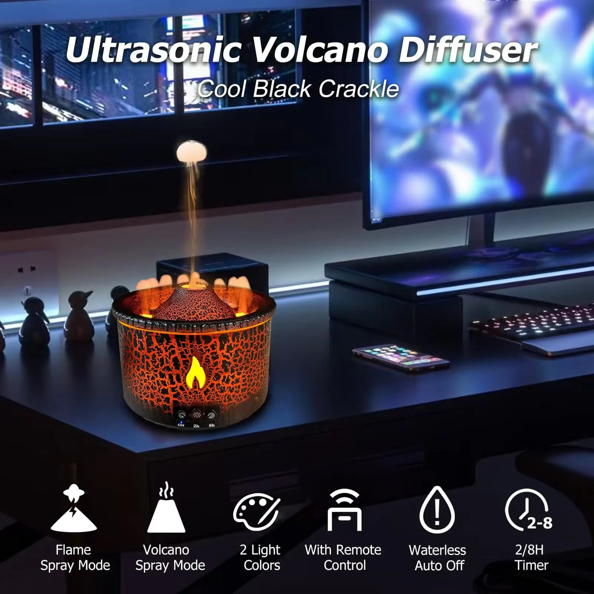 Transform Your Space with the Volcanic Flame Ultrasonic Humidifier and Aroma Diffuser - Portable Night Light & Fragrance Enhancer