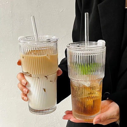 Elevate Your Beverage Experience with the 600ML Striped Glass Coffee Cup Featuring a Lid and Straw – Perfect for Iced Coffee, Juice, and Milk Tea!