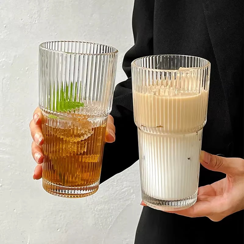 Elevate Your Beverage Experience with the 600ML Striped Glass Coffee Cup Featuring a Lid and Straw – Perfect for Iced Coffee, Juice, and Milk Tea!