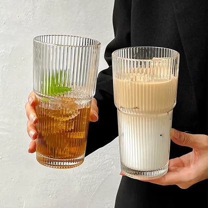 Elevate Your Beverage Experience with the 600ML Striped Glass Coffee Cup Featuring a Lid and Straw – Perfect for Iced Coffee, Juice, and Milk Tea!