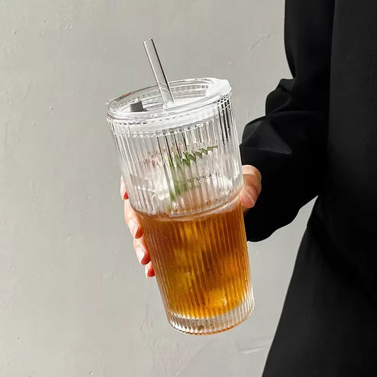 Elevate Your Beverage Experience with the 600ML Striped Glass Coffee Cup Featuring a Lid and Straw – Perfect for Iced Coffee, Juice, and Milk Tea!