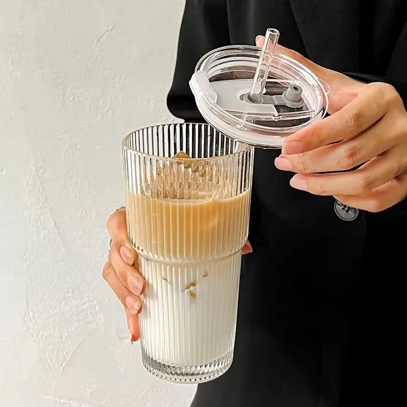 Elevate Your Beverage Experience with the 600ML Striped Glass Coffee Cup Featuring a Lid and Straw – Perfect for Iced Coffee, Juice, and Milk Tea!